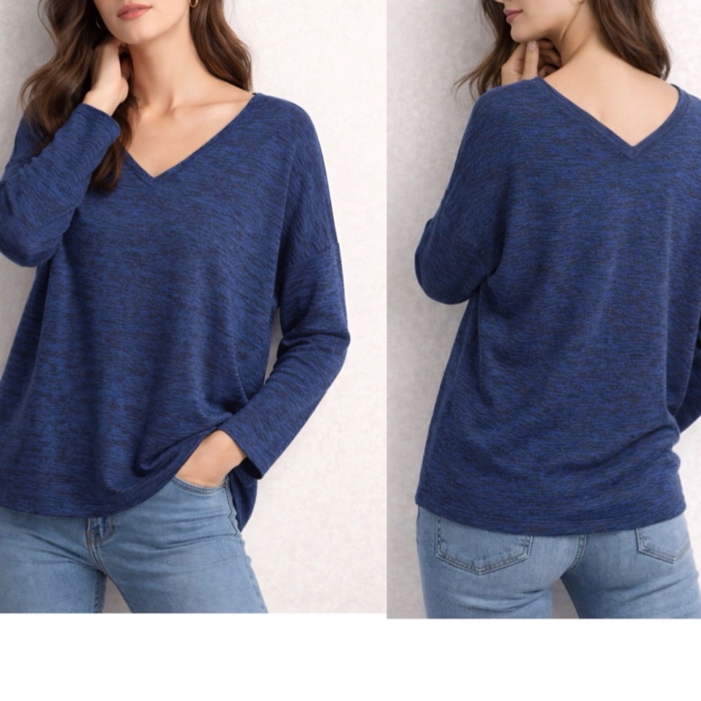 Splendid Marled Blue V-Neck Sweater with V-Back